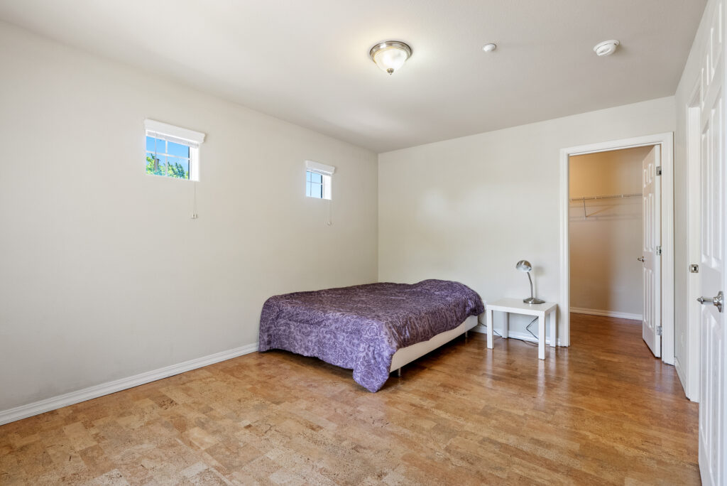 Large primary bedroom with walk-in closet and natural light